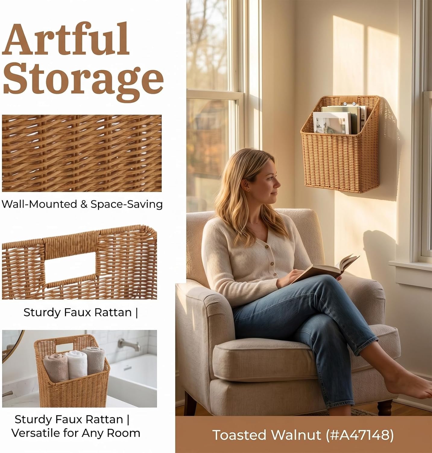 Woven Wall Hanging Basket for Storage, Imitation Rattan Wicker Basket with Metal Hardware, Space-saving Multi-functional Wall Mount Organizer for Office and Bedroom