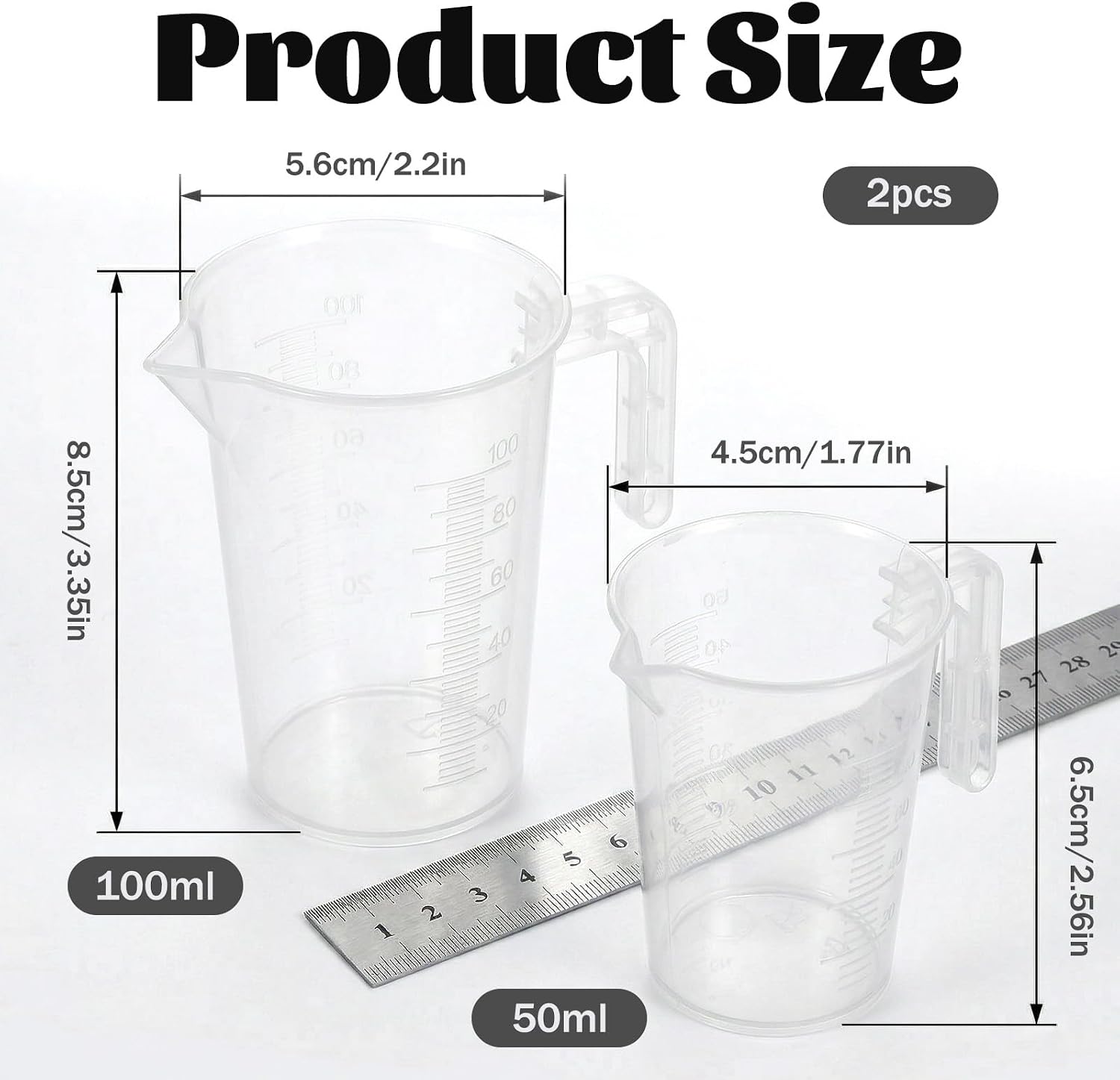 100ml and 50ml Plastic Clear Measuring Cup, 2 Pcs Graduated Measuring Cup with Handle Multipurpose PP Beaker for Home Kitchen Lab