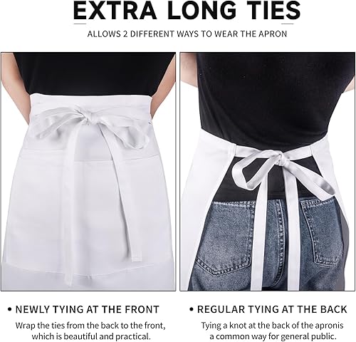 Miniatura 10 de Delantal de cintura para mujer con 2 bolsillos, medio delantal blanco para mujer, delantal de camarera para cocina, restaurante, bistró, cafetería