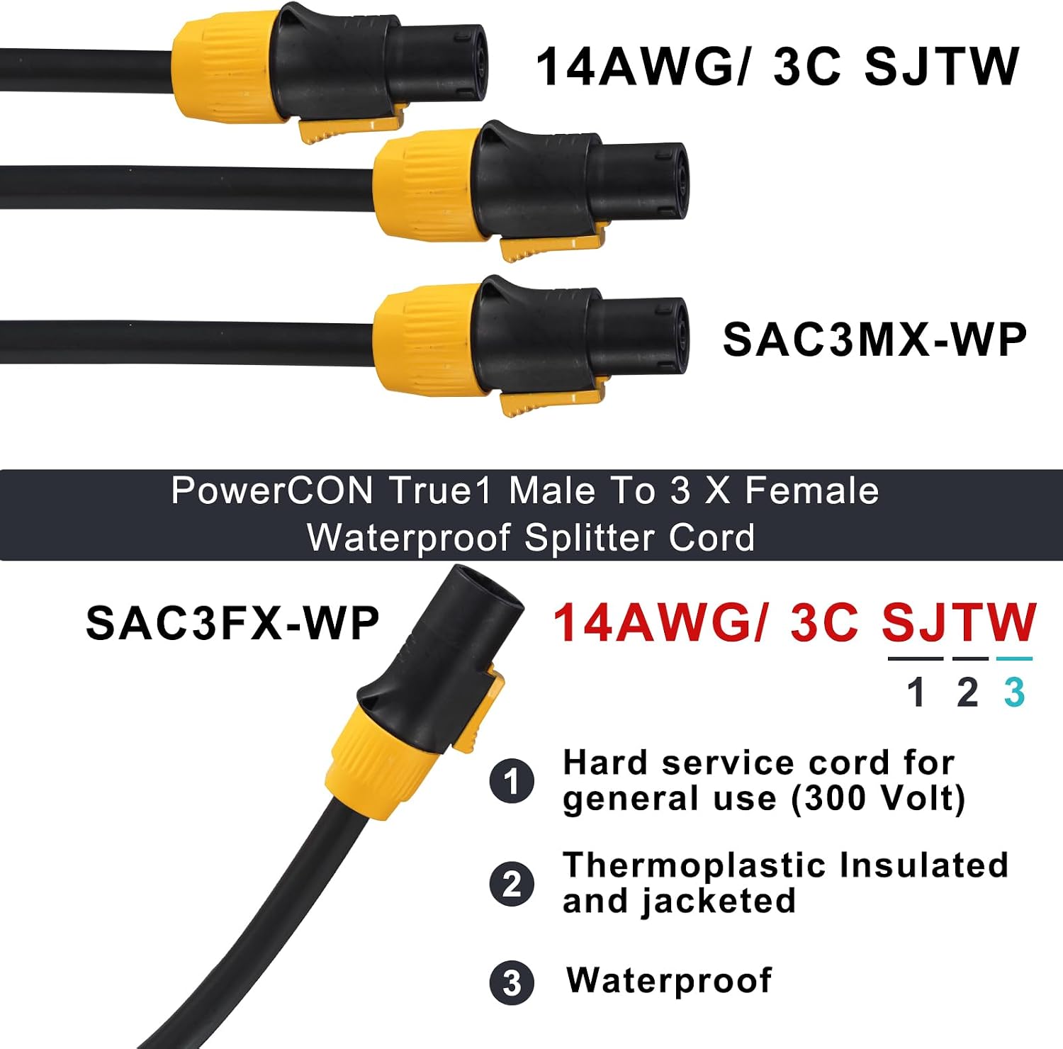 1 to 3 Outlet Ture1 powerCON Cable - 3FT 14AWG PowerCon True1 Male to 3X Female Extension Y Splitter Cable, Heavy Duty Outdoor 20A Waterproof True Connector for Stage Light/Speaker(SAC3MX - SAC3FX)