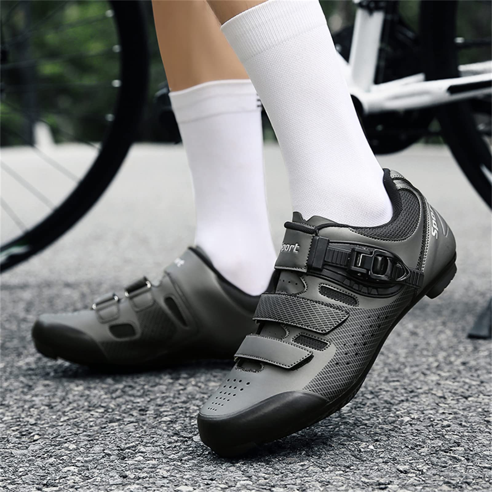 Męskie buty szosowe, kolarskie, sneakersy MTB Clits Route Cleat Dirt Bike Speed Flat Racing damskie SPD pedały kolarstwo górskie, Szary B, 40 EU