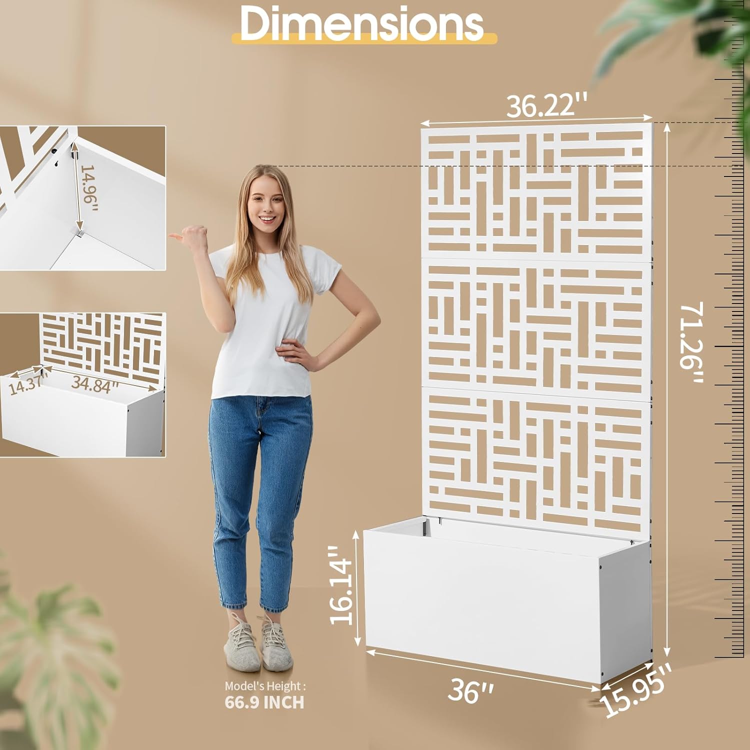 VINGLI 71"H Metal Raised Garden Bed with Trellis, Outdoor Planter Box for Climbing Vegetables, Fruits and Flowers, Privacy Screen, for Backyard, Patio, Balcony (White)