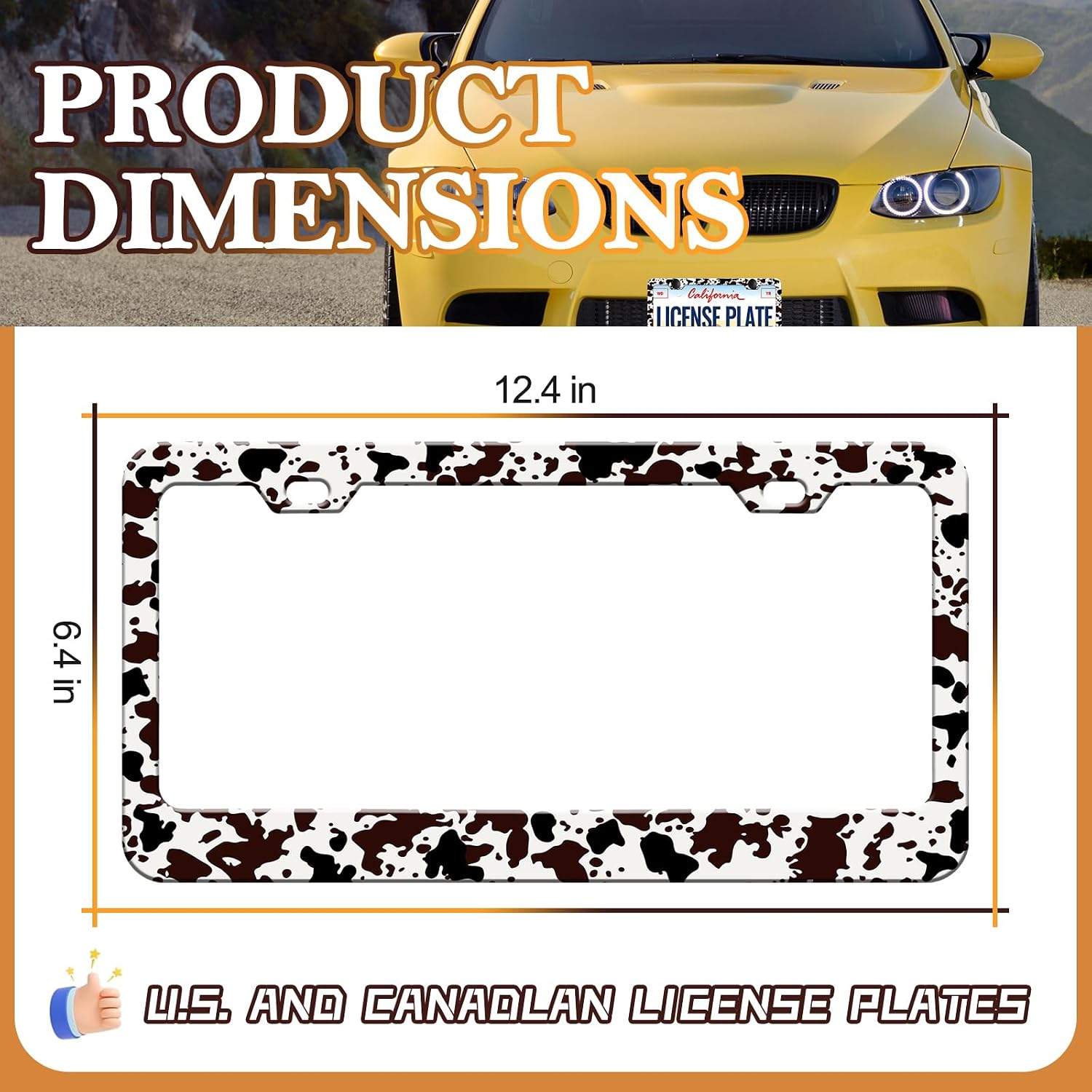 HCSS Brown Cow Print License Plate Frame Cute Animal Spots License Plate Holder Universal Aluminum Metal Auto Parts Rust-Proof Waterproof Car Decorative Tag Frame for Standard US 12x6 Inch image 2