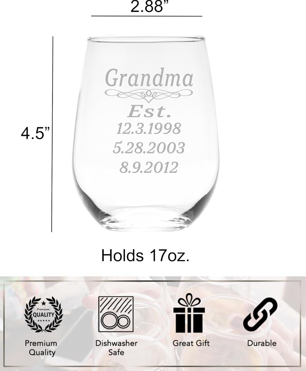 C M Grandma Established with Dates 17 oz Custom Stemless Wine Glass - Personalized Grandma Gift for Women (up to 3 Dates)