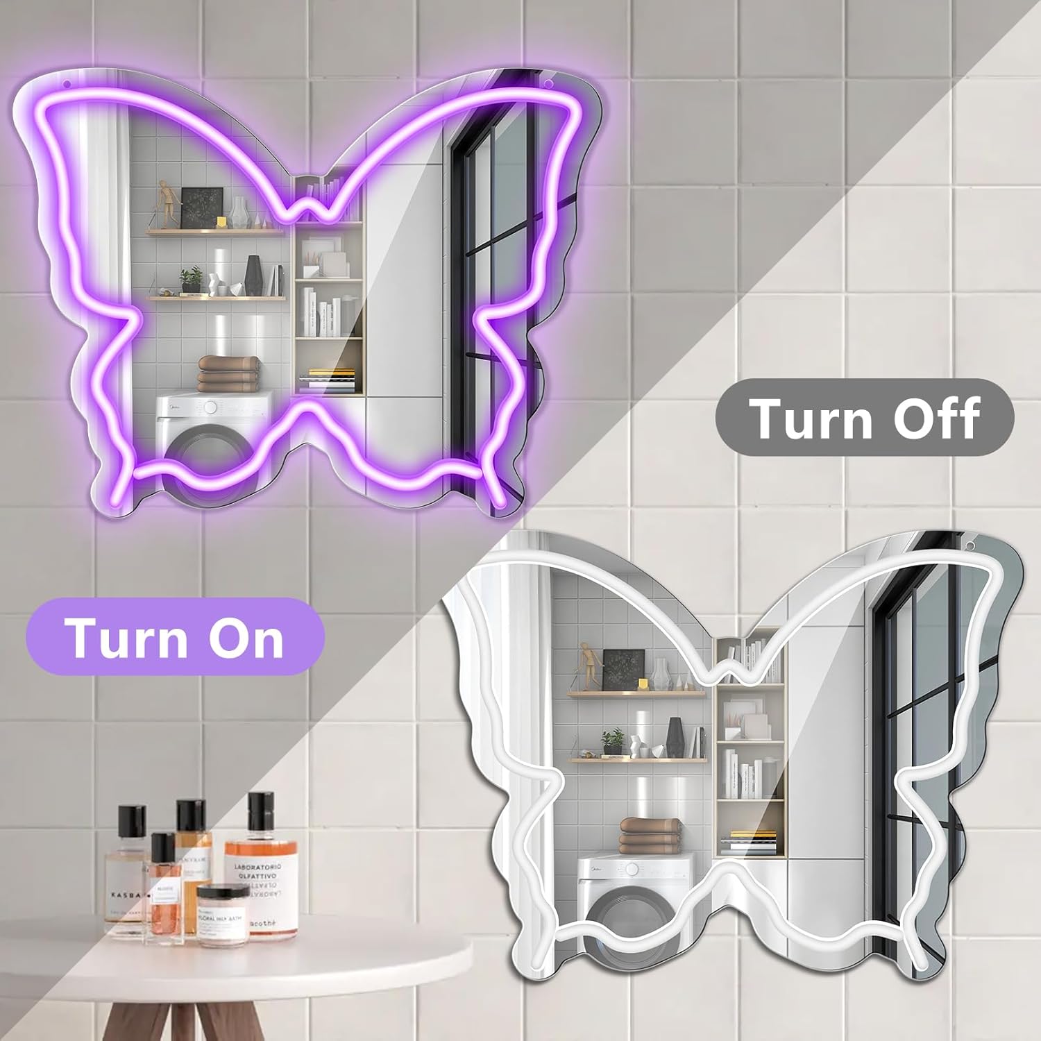 Butterfly Neon Sign Mirror, LED Neon Signs for Wall Decor, 15.7'' x 12'' Dimmable Neon Light for Teen Girls & Kids Birthday Party Gift, Neon Sign for Bedroom Decor, Wall Mirror, USB Powered (Purple) - Image 3