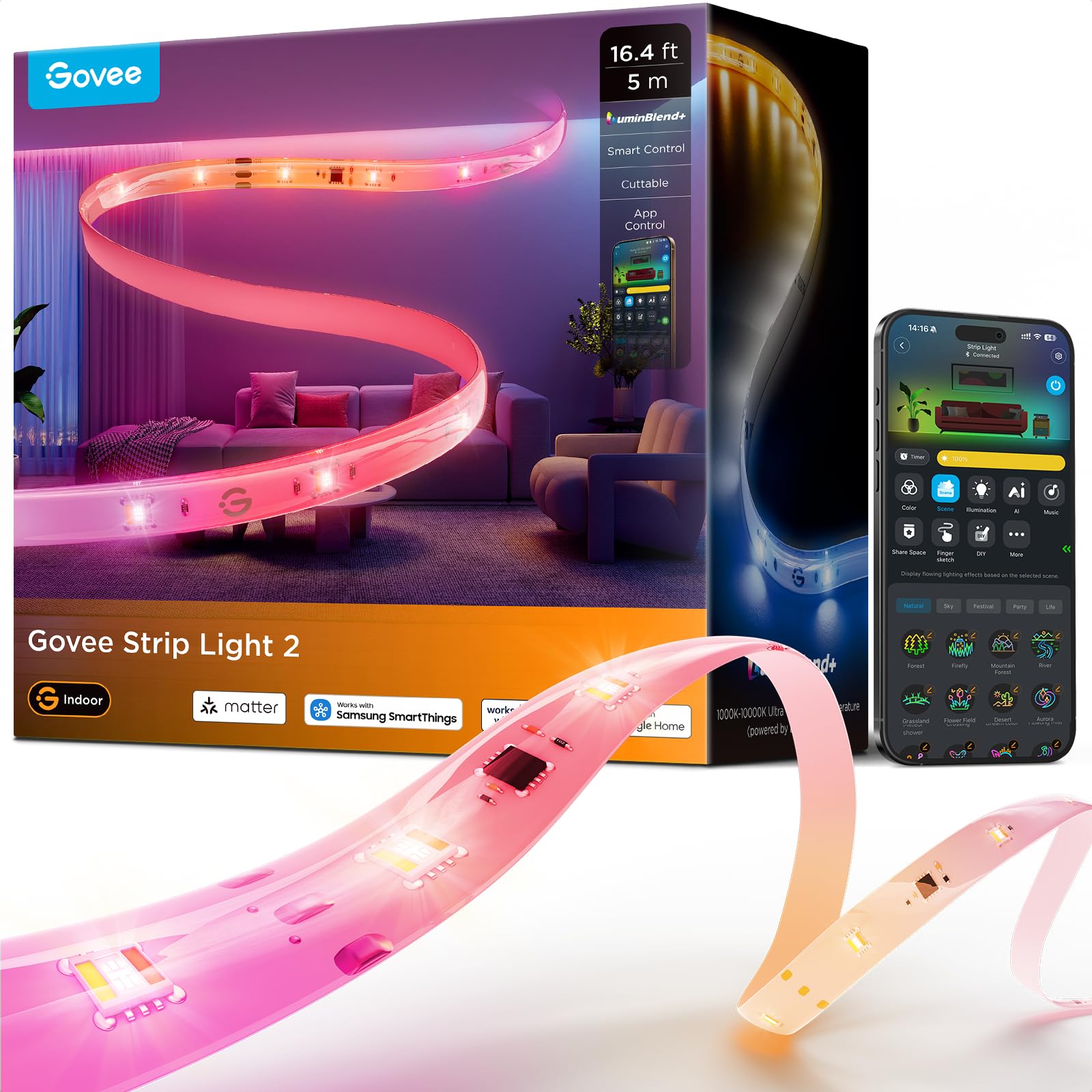 Govee Tira LED 2, 5m RGBWWIC LED WiFi con LuminBlend+, Tira Inteligente | Funciona con Matter, Alexa y Asistente de Google, Tira LED protegida, 100+ Modos de Escena, Sync de Música, Control por App