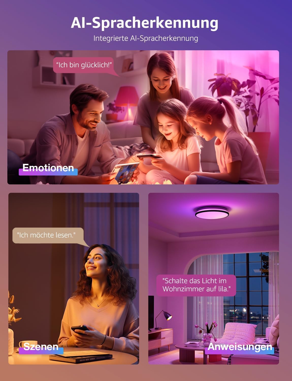 People interacting with the Lepro T1 Smart LED Ceiling Light using AI Voice Recognition for emotions, scenes, and commands.
