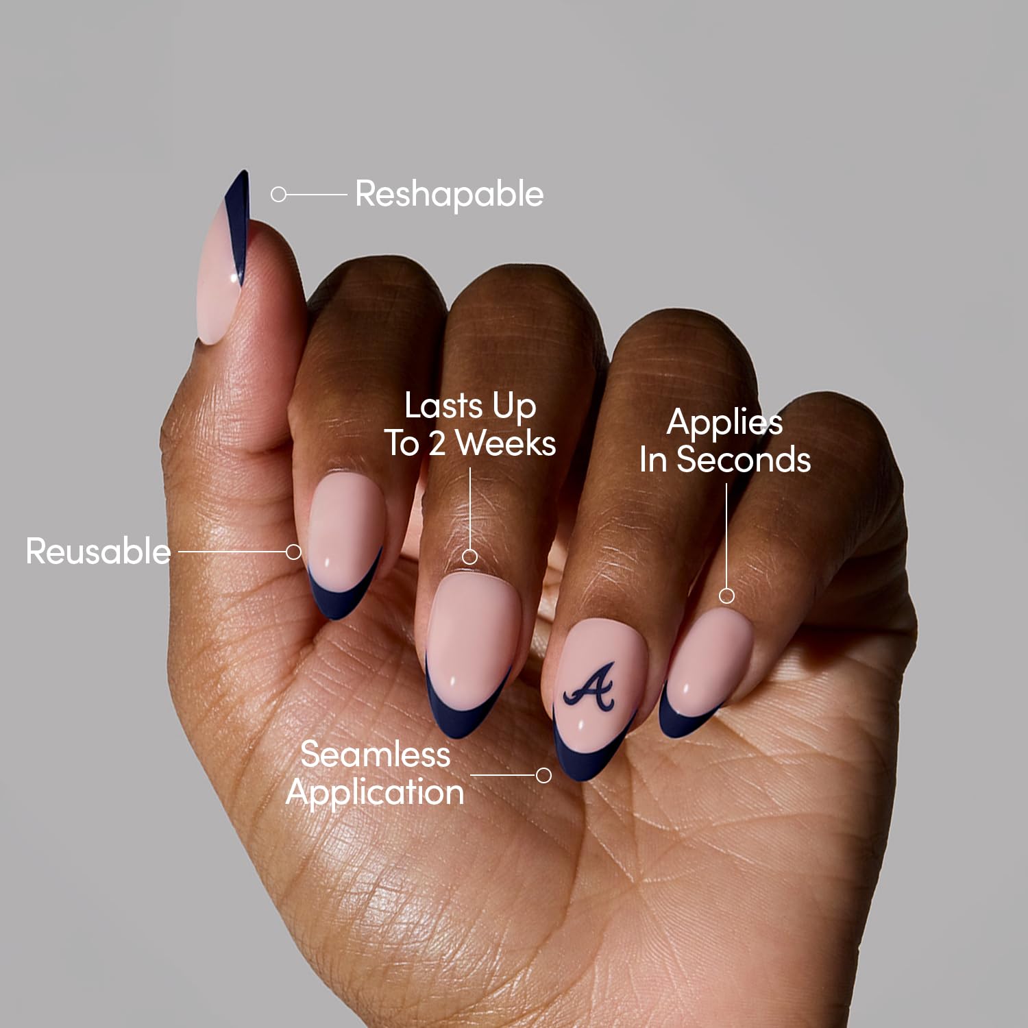 Glamnetic x Fanatics Press On Nails - Atlanta Braves | Short Almond Fake Nails, MLB Braves Blue French Tips, Baseball Nails, Salon-Quality | 15 Sizes - 30 Nail Kit with Glue