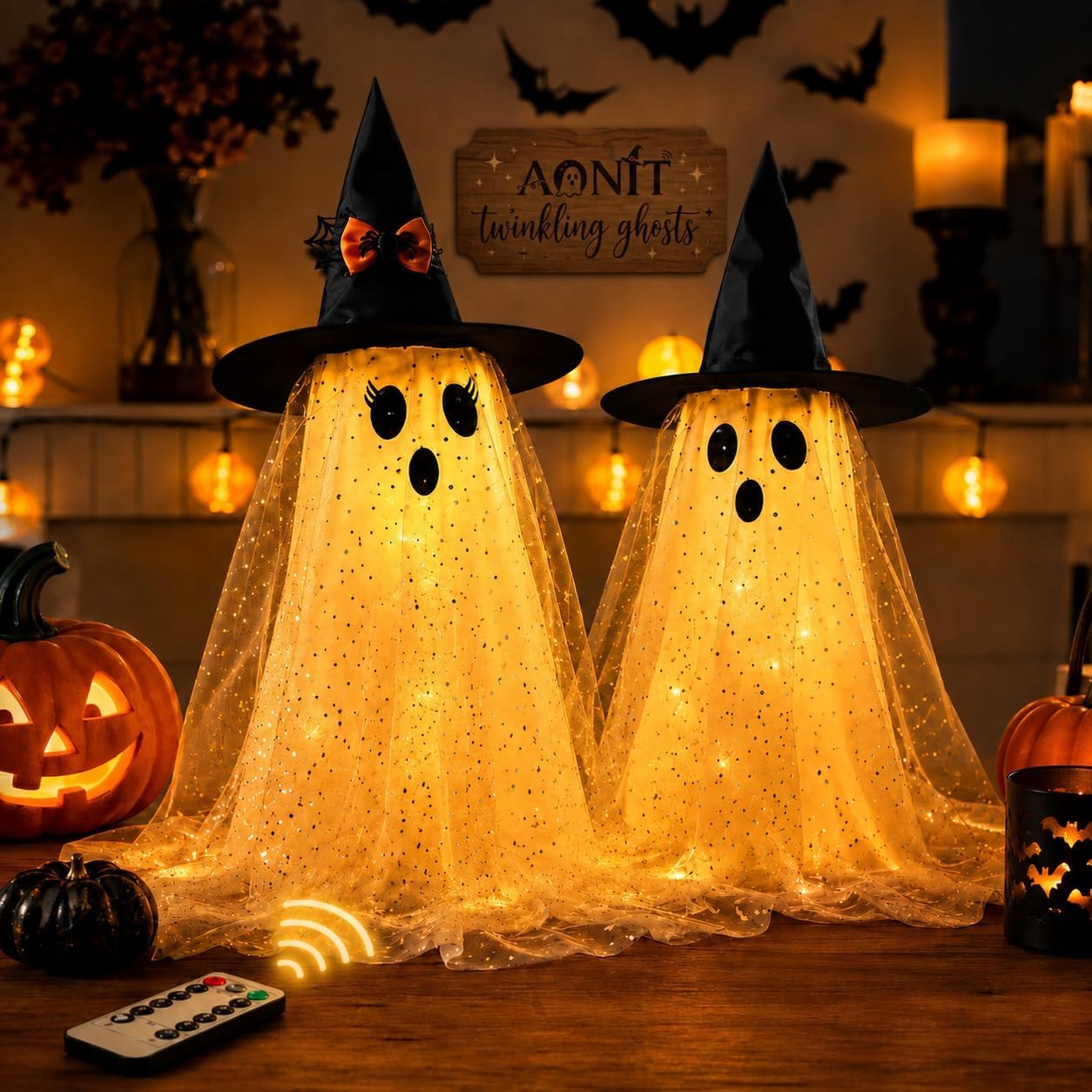 2-Pack Twinkling Ghosts, Remote Control Indoor Halloween Table Decorations
