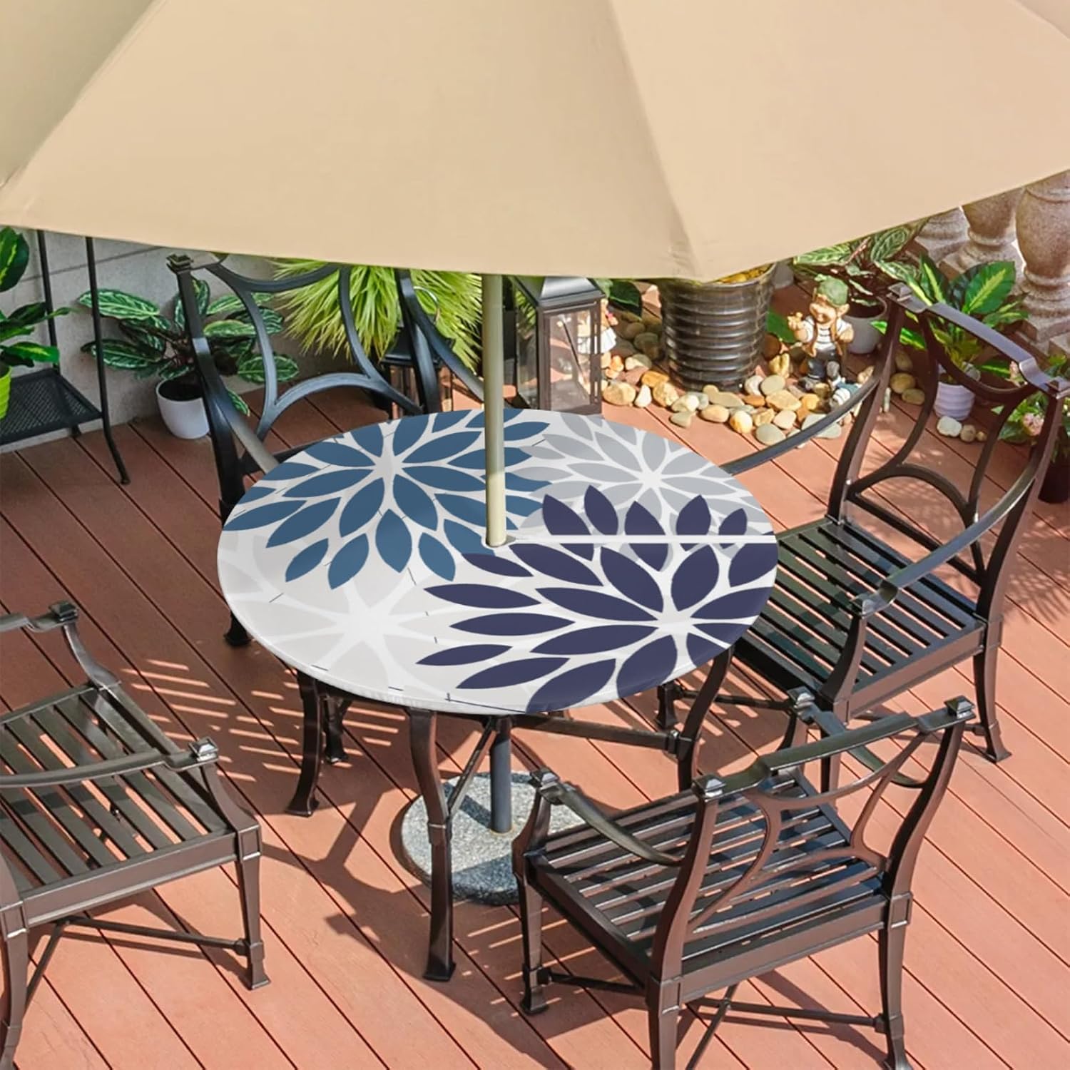 Round Tablecloth with Umbrella Hole and Zipper Elastic Fitted Table Cloth 36"-44" Oil-Proof Waterproof Patio Table Cover for Outdoor Picnic Party, Spring Summer Geometric Elegant Blue Dahlia