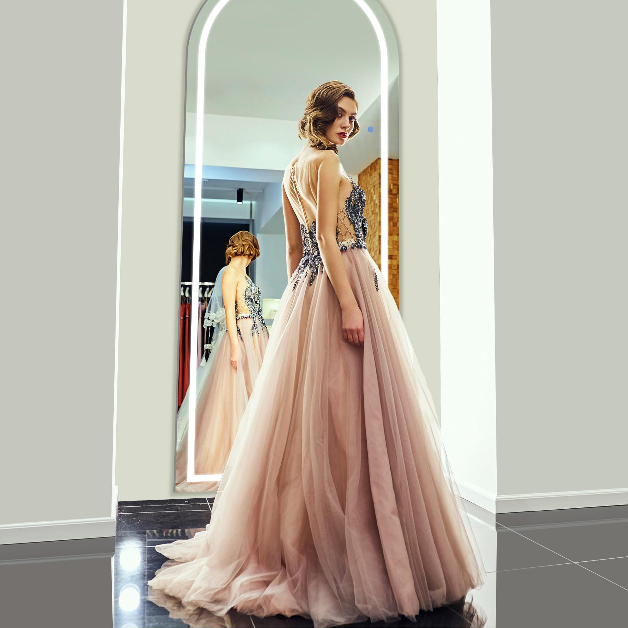 Antok LED Full Length Mirror, 59" x 22" Lighted Floor Standing LED Mirror Full Length,Hanging Mirror with Stand Free Standing Floor Mirror for Bedroom (Arched)