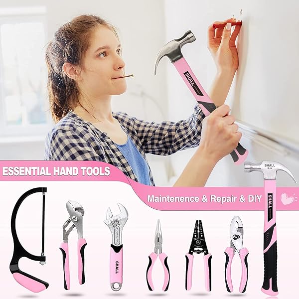 SHALL Pink Tool Set, 246-Piece Home Tool Kit for Women, Ladies Basic Tool kit for House with 14”Wide Mouth Open Tool Bag, General Household Hand Tool Set for Home Repair, Maintenance and Improvement - 3