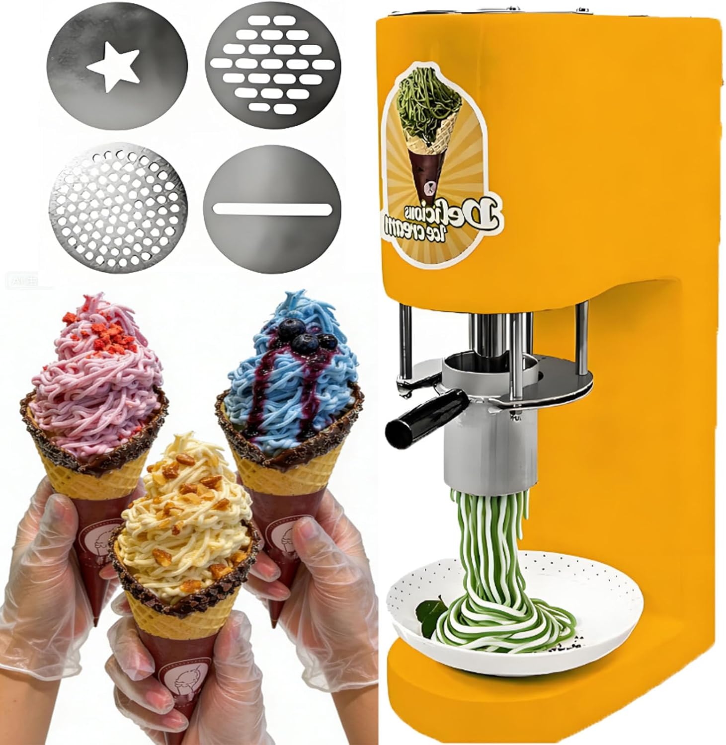 Commercial Spaghetti Ice Cream Maker Machine,4 In 1 Soft Ice Cream Extruder Machine W/ 4 Noodle Shape Molds,420ml Hopper,7.4-7.9 Gal(28-30l)/Hr,80w Noodle & Spaghetti Ice-Cream Press TypeB