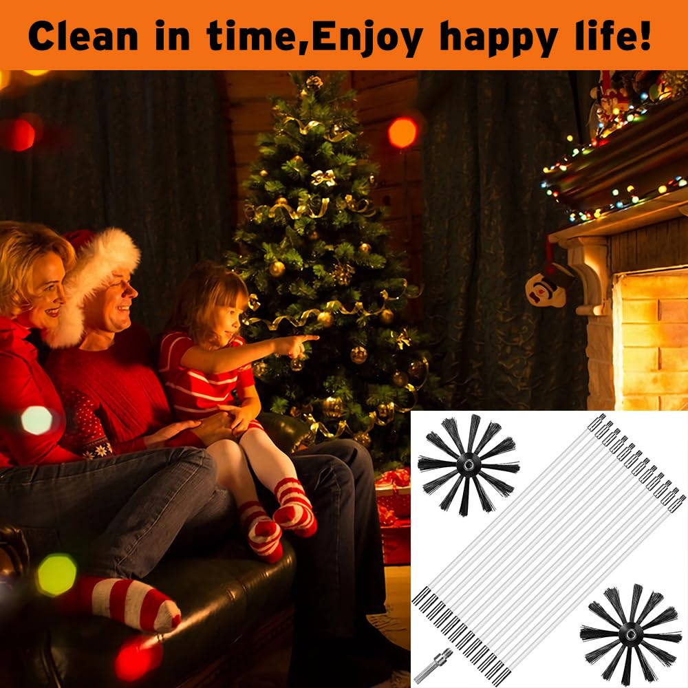 Kit de Cepillo Limpieza Chimenea, Cepillo para Limpiar Chimeneas con 12 Varillas Flexibles, 2 Cabeza de Cepilloy de Ø 150mm y 1 Barra Hexagonal para Tuberías de Caldera, Tubos de Ventilación