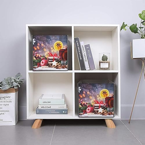 Miniatura 5 de Christmas Wine Food Collapsible Fabric Storage Cubes Organizer with Handles,Wooden Rustic Table Closet Organizers for Shelves,Foldable,for