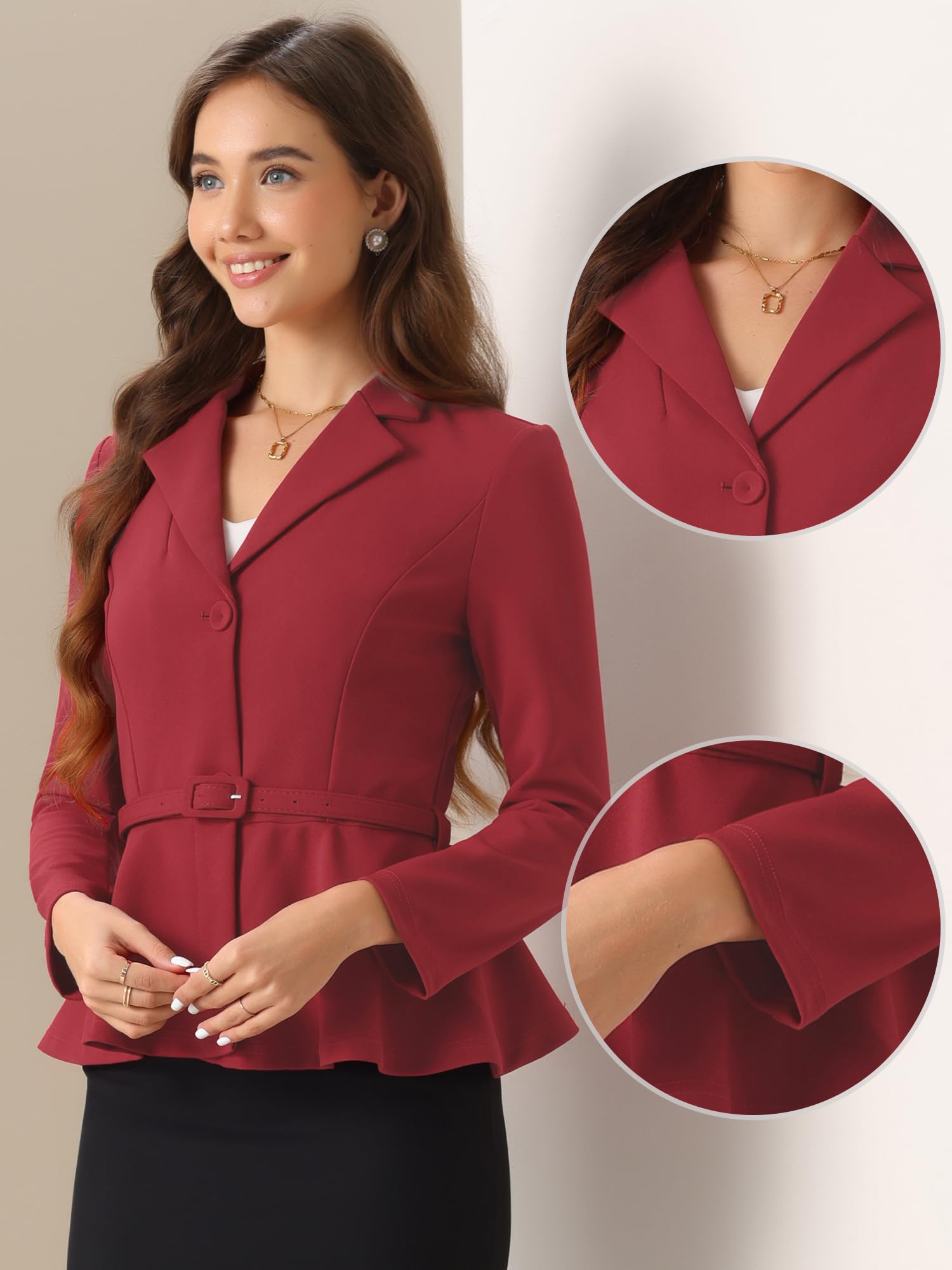 Allegra K Femme Blazer Vintage Bureau Revers Cranté Volants Ceinturé | Demi Doublure Ceinturée Boutonné devant Revers Cranté Ourlet à Volants Adapté Printemps Automne Hiver