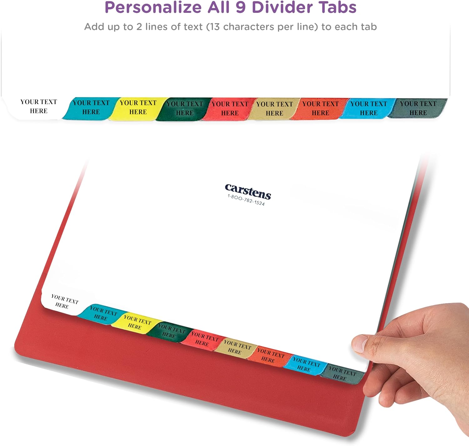 Carstens Heavy Duty Custom Binder Tabs, Includes 25 Plastic Index Divider Sets (Multi-Color) | 9 Personalized Binder Divider Tabs Per Set | Durable, No-Tear Holes, Bottom Tab | Made in USA Woman-Owned