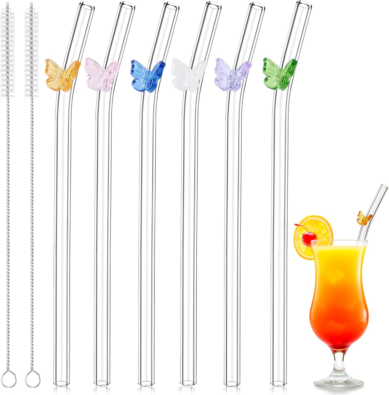 Snowfall Butterfly Glass Straws, 6 Pack Cute Short Clear Glass Straw with Charms for Kid and Women, Reusable Bent Straws Dishwasher Safe, 7.87''x6 mm (Butterflies)