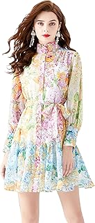 Women's Floral Print Lantern Sleeve Ruffle Casual Button Belted Thin Loose Fit Mini Dress