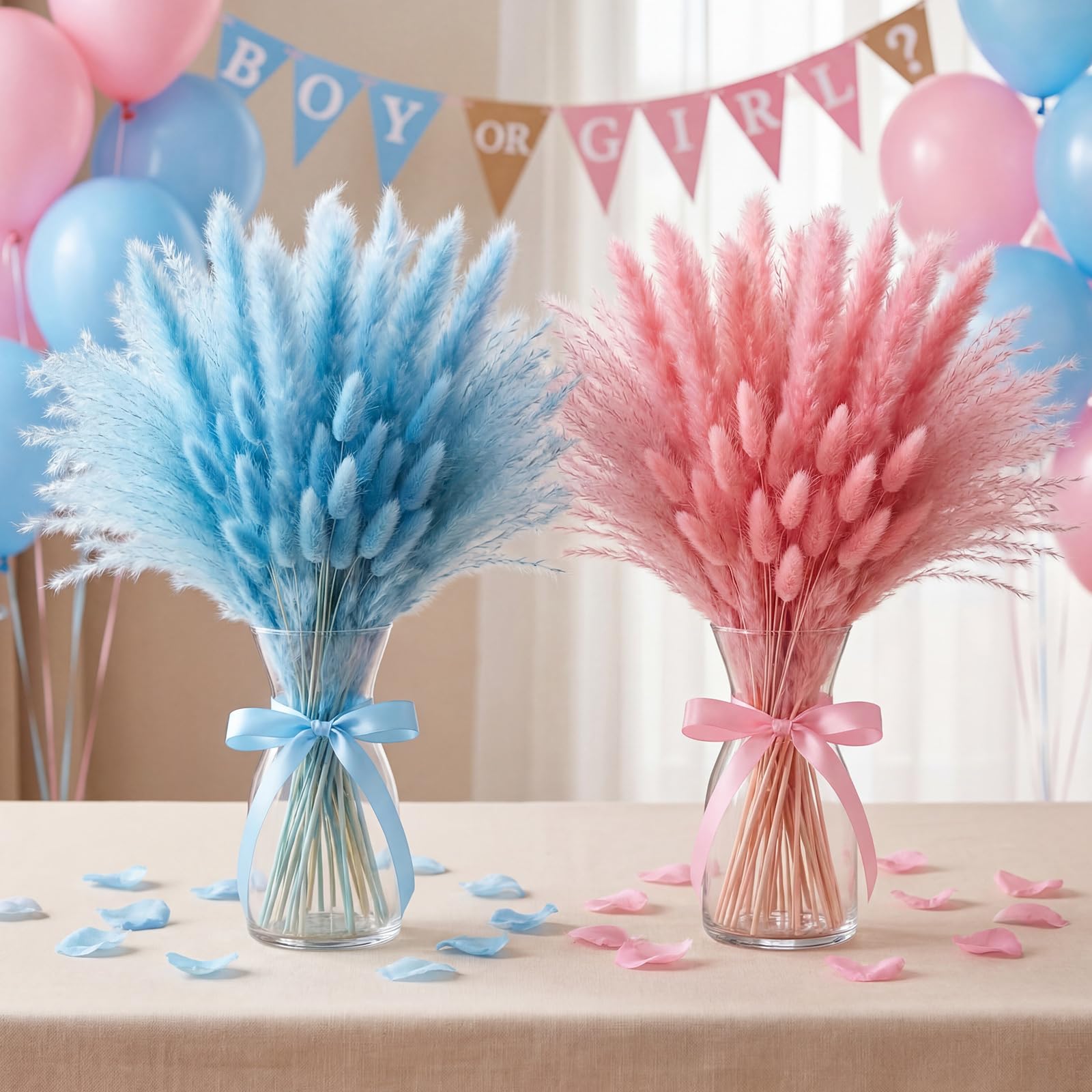 Hoteam Lot de 105 décorations de révélation du sexe rose bleu herbe de la pampa garçon ou fille | Décoration de fête prénatale « He or She » bohème - Herbe de la pampa - Fleurs séchées pour centres de table ou vase