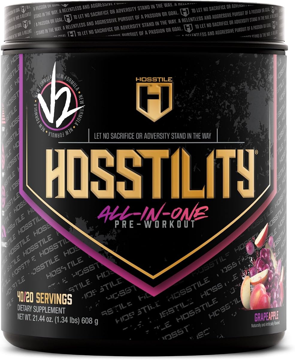 HOSSTILE Hosstility V2 Pre-Workout Powder, All-in-One Pre-Workout Supplement for Energy, Focus & Pump Support, Grape Apple, 40/20 Servings