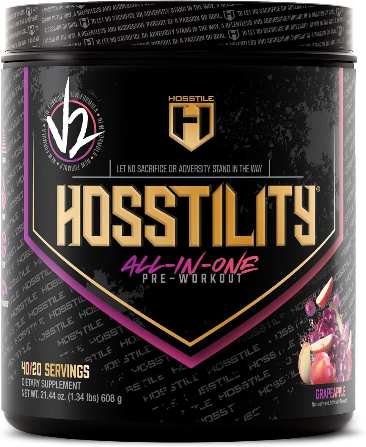 HOSSTILE Hosstility V2 Pre-Workout Powder, All-in-One Pre-Workout Supplement for Energy, Focus & Pump Support, Grape Apple, 40/20 Servings