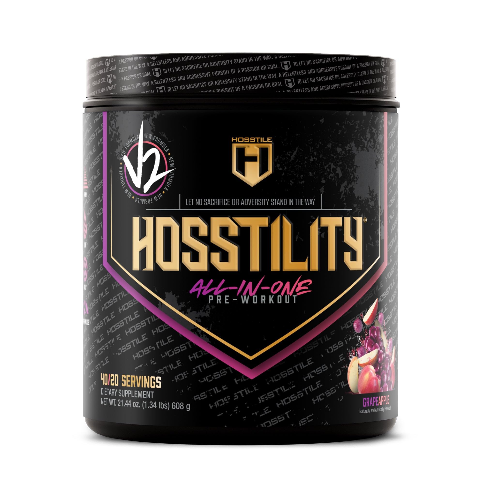 HOSSTILE Hosstility V2 Pre Workout, All-in-One Pre Workout Powder for Men and Women, Enhance Muscle Pump, Increase Energy, Boost Strength, Sharpen Focus, Grape Apple, 40 Servings