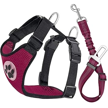 Lukovee Dog Safety Vest Harness Seatbelt, Dog Car Harness Seat Belt Adjustable Pet Harnesses Double Breathable Mesh Fabric Car Vehicle Connector Strap Dog (Small, Rose Red+Rose Red Seatbelt)