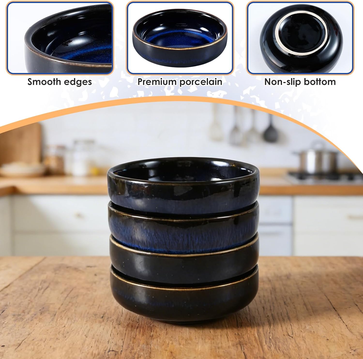 4 Pcs Dipping Bowls, 3.46 Inch, Vintage Blue, Ceramic