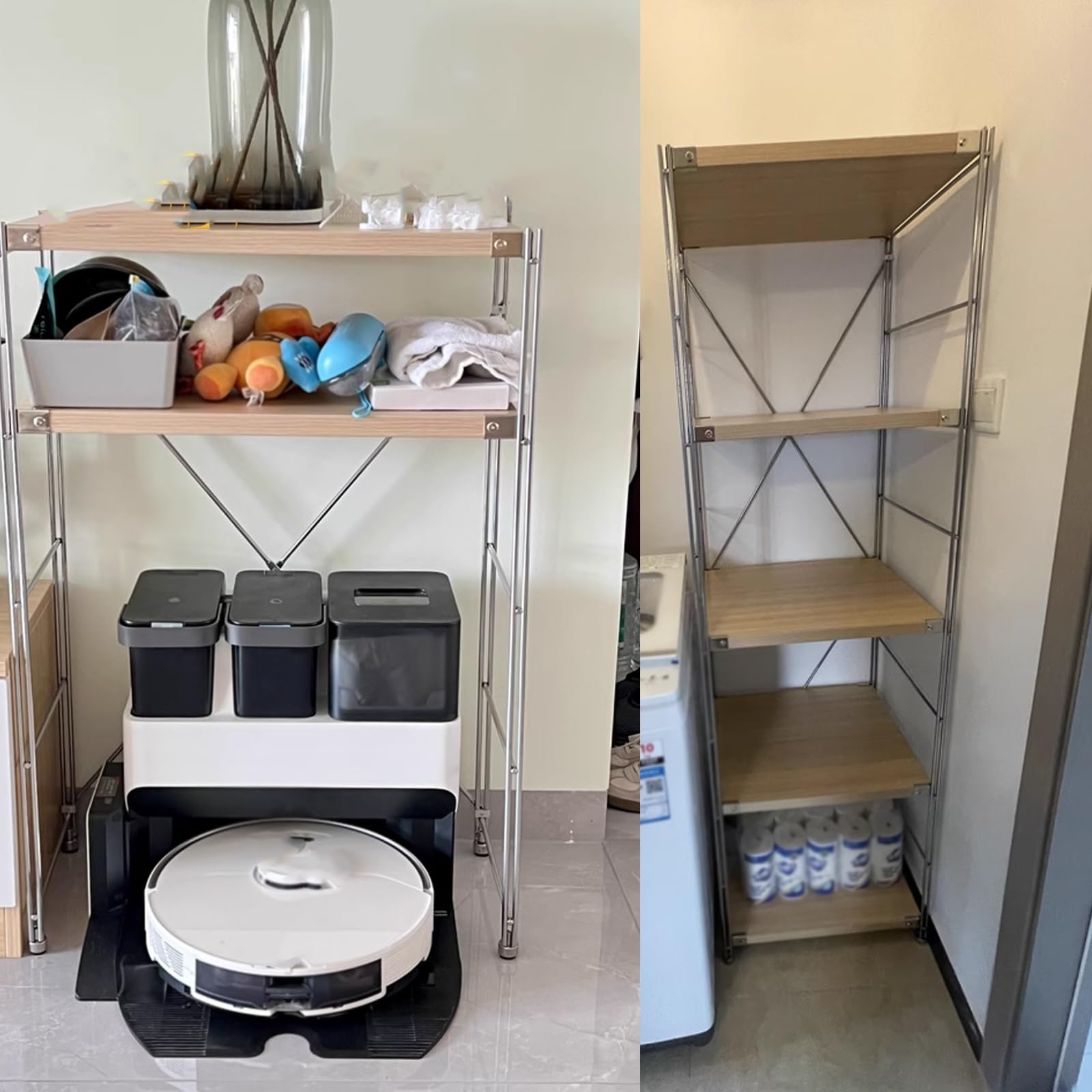 Wysoka szafka kuchenna do przechowywania robota odkurzającego i mopa samoopróżniający regulowany organizer półek (40 x 41 x 130 cm) kompaktowe rozwiązanie do przechowywania urządzeń do czyszczenia