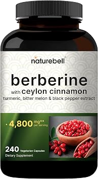 NatureBell Berberine with Ceylon Cinnamon Complex 4,800 mg** Per Serving, 240 Vegetarian Capsules | 5-in-1 Berberine HCl Supplement with Turmeric, Bitter Melon & Black Pepper Extract | Non-GMO