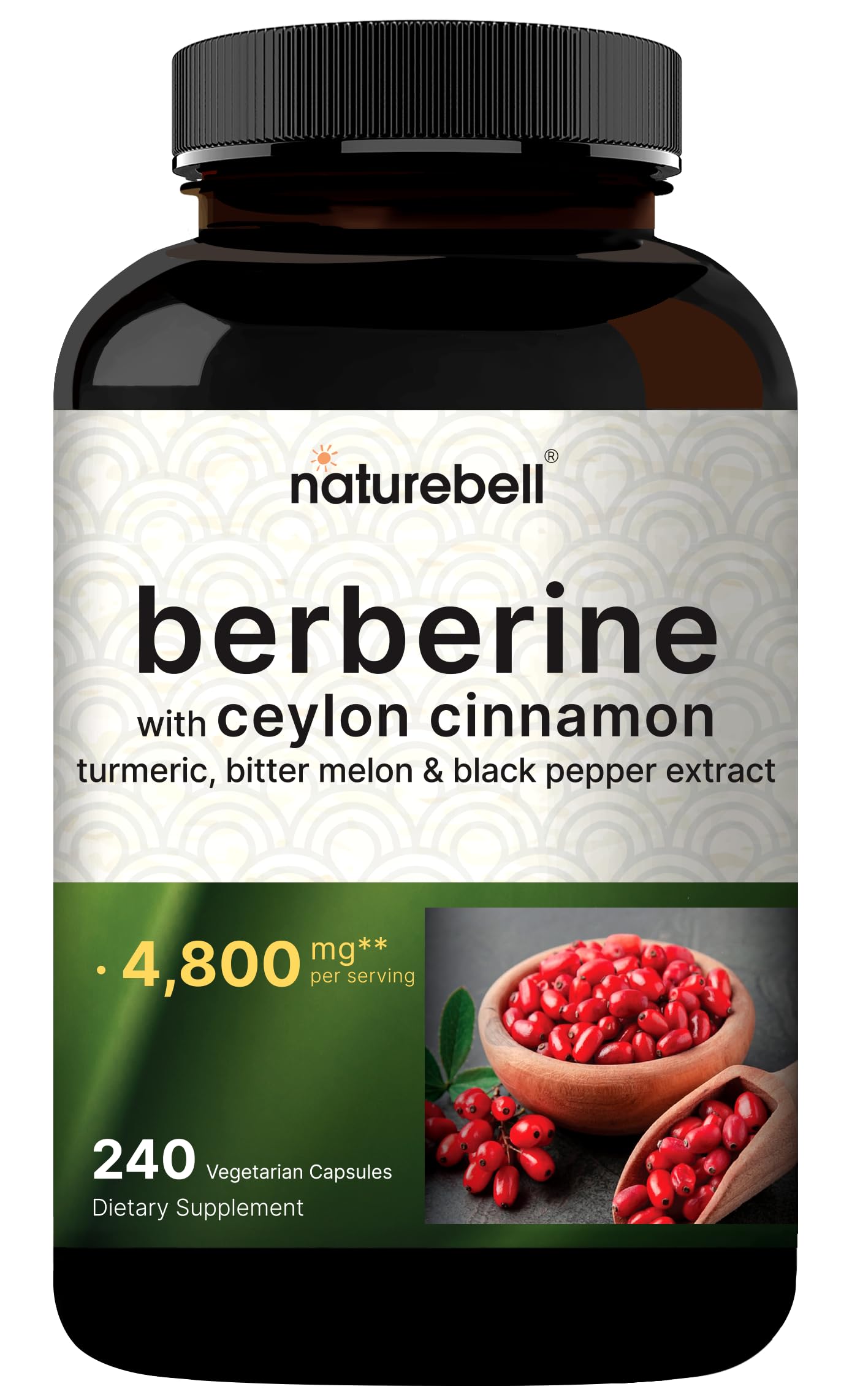 NatureBell Berberine with Ceylon Cinnamon Complex 4,800 mg** Per Serving, 240 Vegetarian Capsules | 5-in-1 Berberine HCl Supplement with Turmeric, Bitter Melon & Black Pepper Extract | Non-GMO