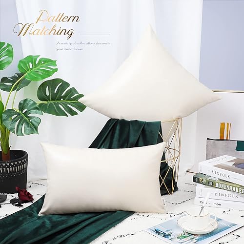 Miniatura 3 de BRAWARM Fundas de almohada de piel sintética de 12 x 20 pulgadas, fundas de almohada lumbares de piel color crema, paquete de 2, fundas de almohada