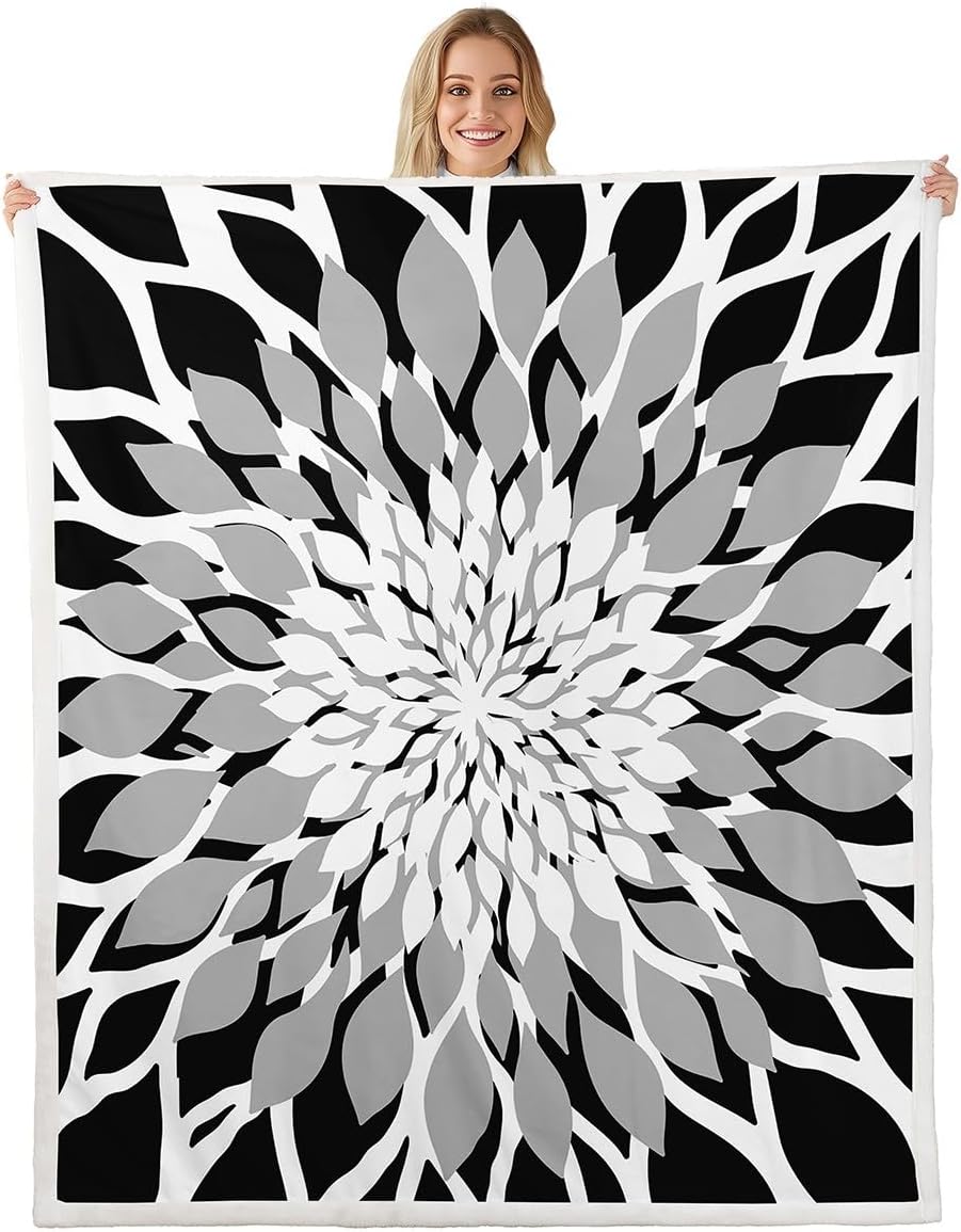 Feelyou Black Grey Flower Fleece Throw Blanket Throw 50"x60" Bohemian Style Exotic Floral Sherpa Blanket Plush Fuzzy Modern Striped Art Luxury Geometric for Bed Couch Chair Living Room