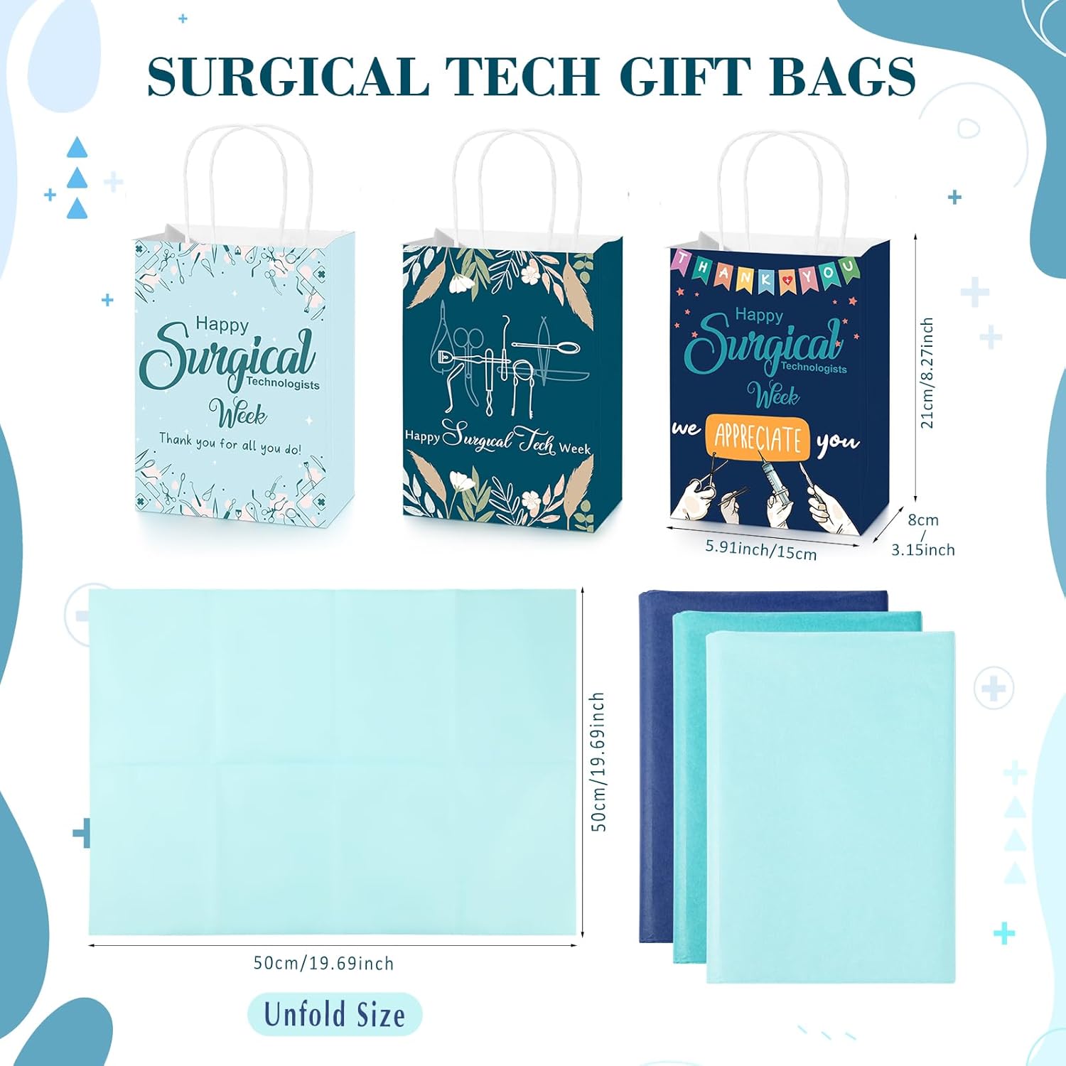 Sinload 48 Pack Surgical Tech Gift Bags Bulk with Tissue Paper Surgical Technologists Week Thank You Paper Gift Bags for CST Surgeon Doctor Nurse Team Medical Assistant, 8.27" x 5.91" x 3.15"