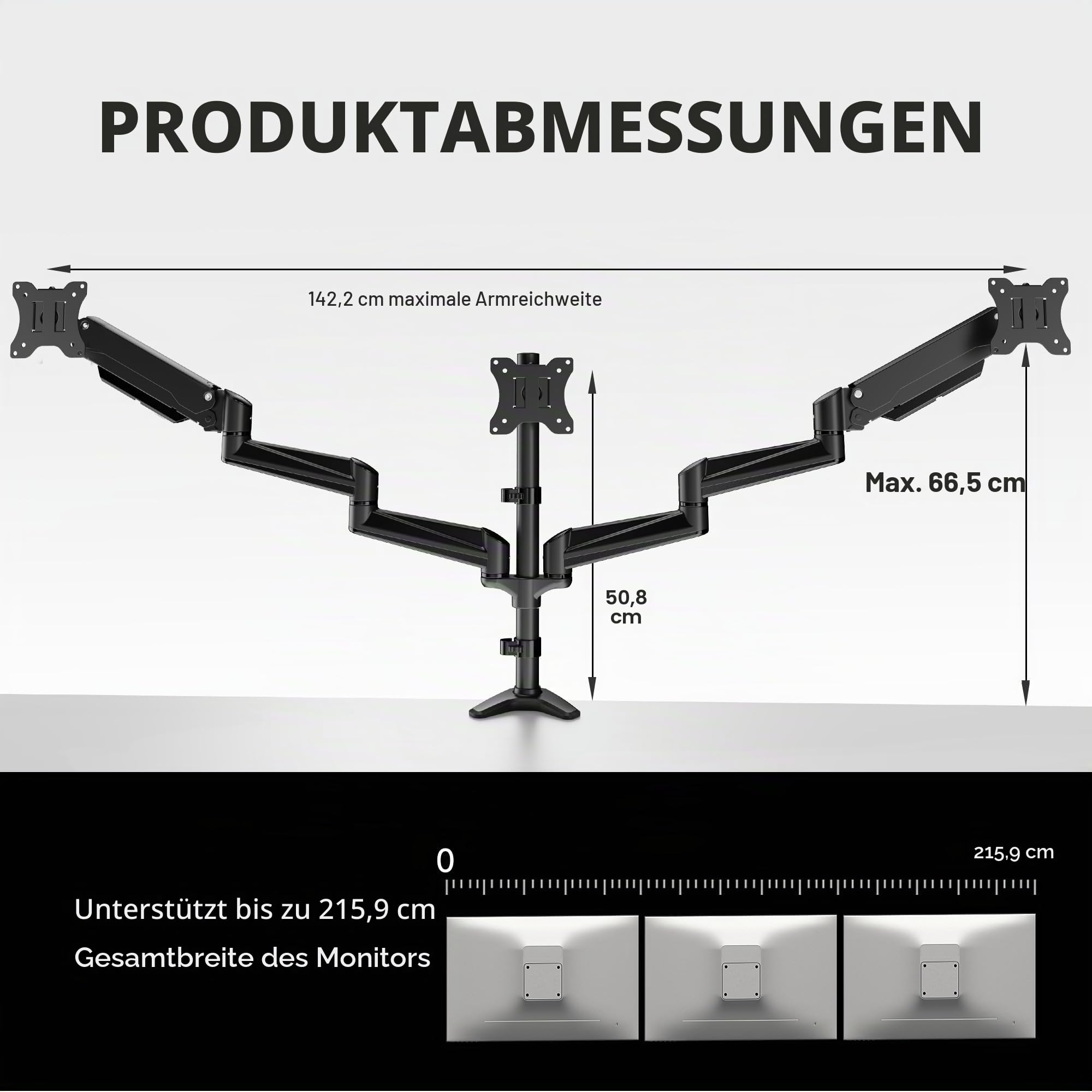 HUANUO Monitor Halterung 3 Monitore für 17-32 Zoll Bildschirme, Bildschirmhalterung 3 Monitore Höhenverstellbar, Monitorarm, Tragen Sie 8 kg pro Arm, Schwarz Gaming