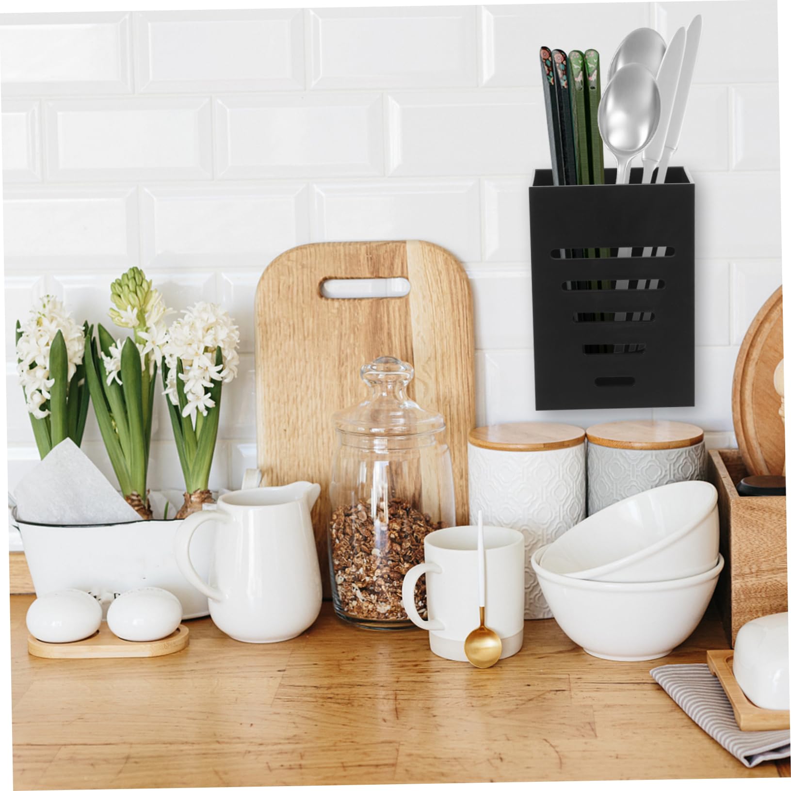 SOLUSTRE Wall Mounted Chopstick Holder Multi Function Cutlery Organizer for Spoons Forks and Utensils Stylish Kitchen Storage with Drainage Design Sturdy Material