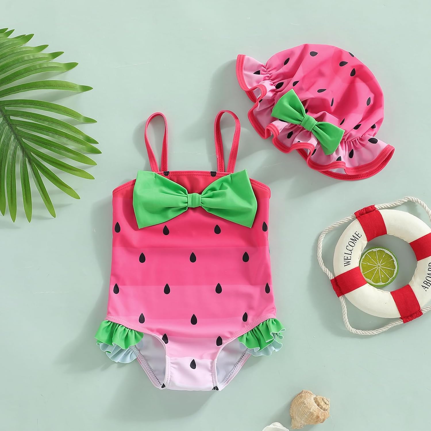 Amnnchya Baby Girl Swimsuit Toddler Infant Newborn Bathing Suit Bow Ruffle One Piece Swimwear Kids Girls Sunsuit with Hat