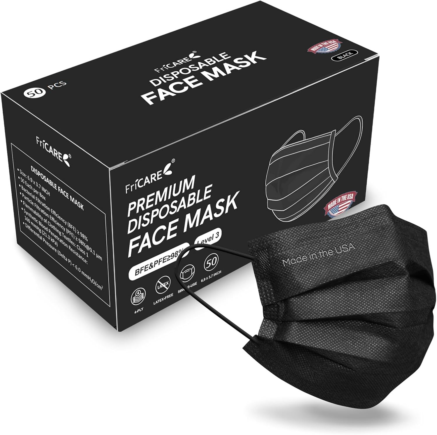 FriCARE Made in USA Disposable Face Masks, 4-Ply ASTM Level 3 Medical Grade, Breathable & Comfortable for Adult Daily Work/Sun Protection, 50 Pack Black FriCARE Made in USA Disposable Face Masks, 4-Ply ASTM Level 3 Medical Grade, Breathable & Comfortable for Adult Daily Work/Sun Protection, 50 Pack Black