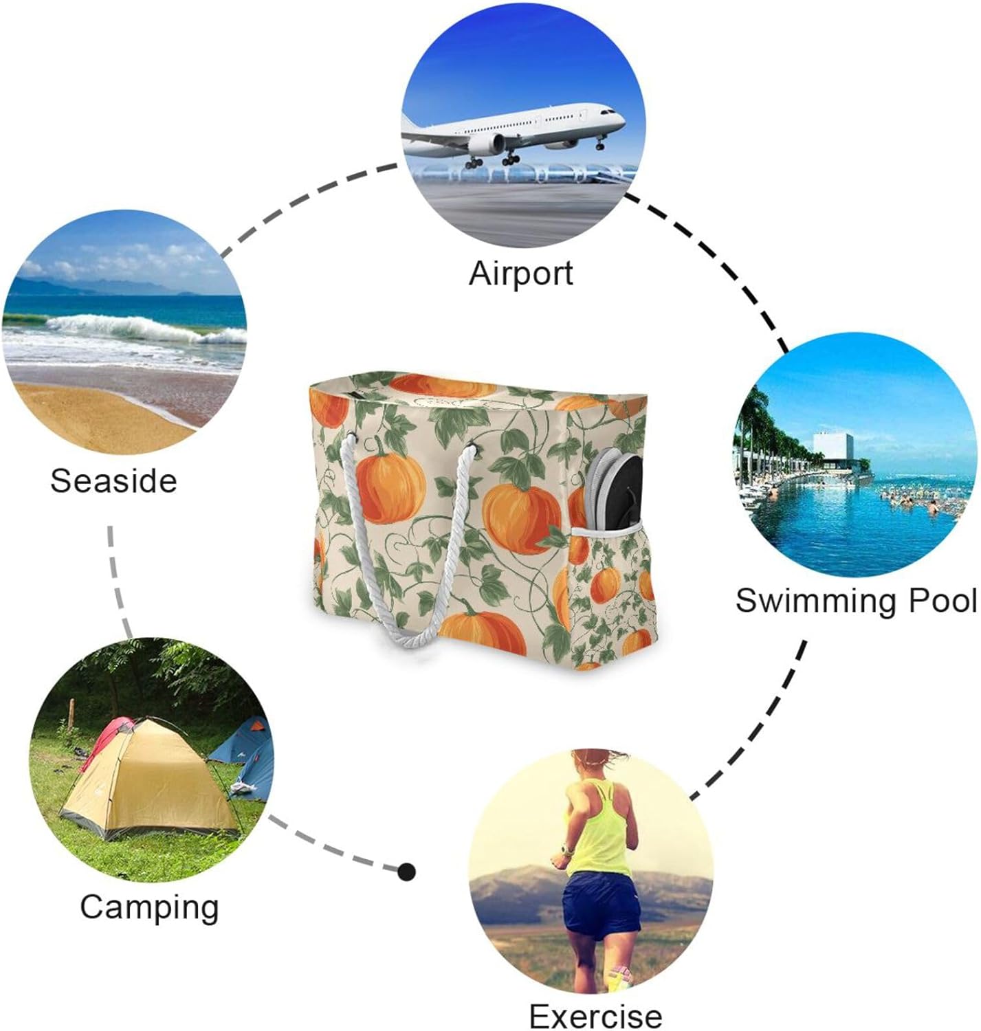 Orange Pumpkins Beach Bags for Women Ladies Large Canvas Tote Shoulder Bag Waterproof Travel Bags for Gym Swim Pool Camping