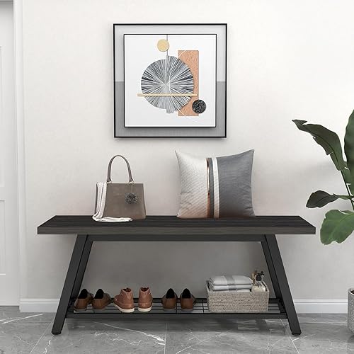 Miniatura 24 de Banco de almacenamiento industrial rústico de madera y metal para zapatos de entrada, estante de almacenamiento, asiento largo para pasillo,