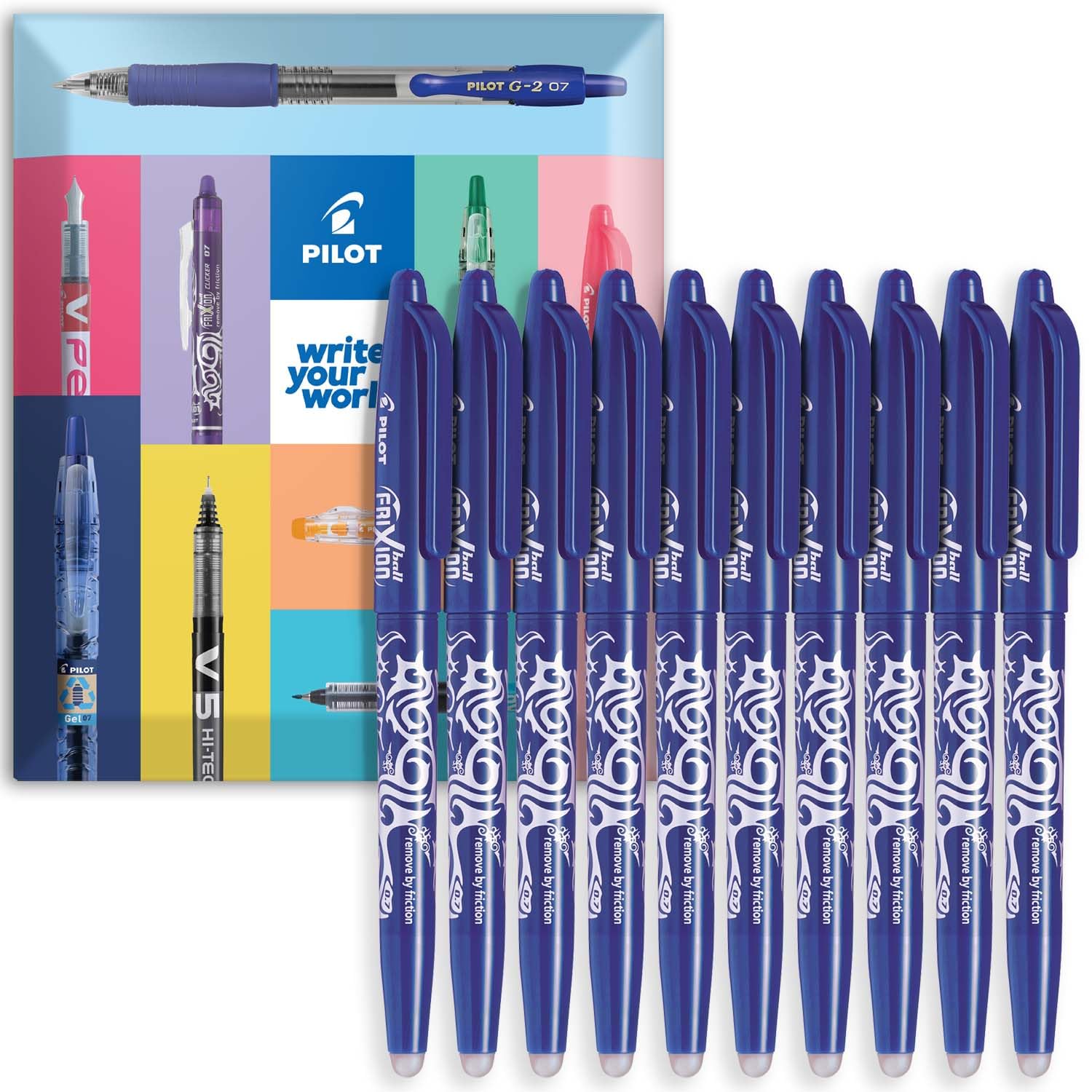 PILOT Frixion Heat/Friction Erasable Rollerball Pen FR7 - Medium 0.7mm Nib - In Envelope Gift Packaging - Pack of 10 (Blue)