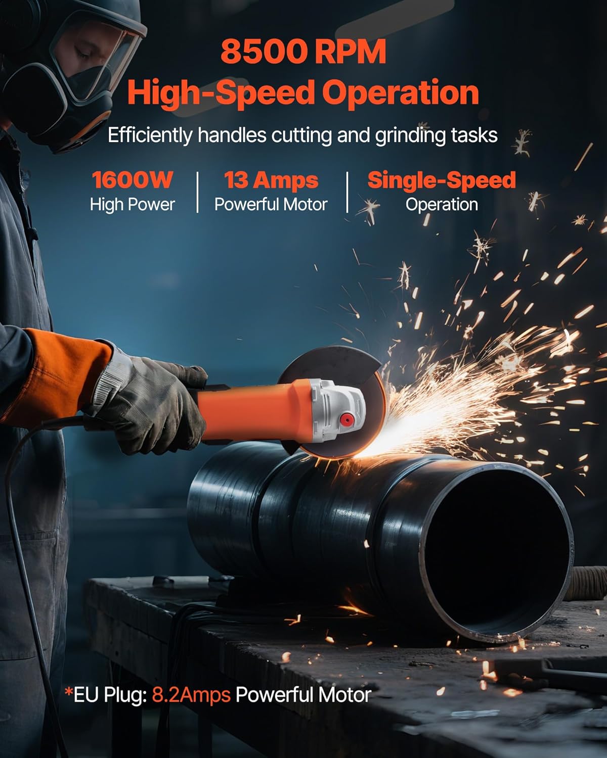 VEVOR Angle Grinder, 7" Electric Grinder Power Tool, 13Amps 8500RPM High-Speed Corded Angle Grinders with 270° Adjustable Dust Guard for Metal Grinding, Cutting, Rust Removal (Disc Not Included)
