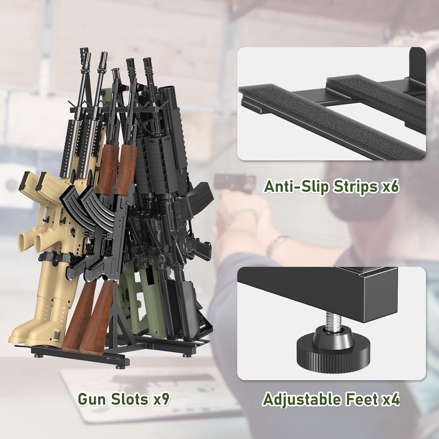 CADUKE Gun Rack Stand, Heavy Duty Freestanding Indoor Rifle Rack with Soft Padding, Metal Gun Storage Rack, Indoor Gun Rack for Home Garage, Holds up to 9 Guns