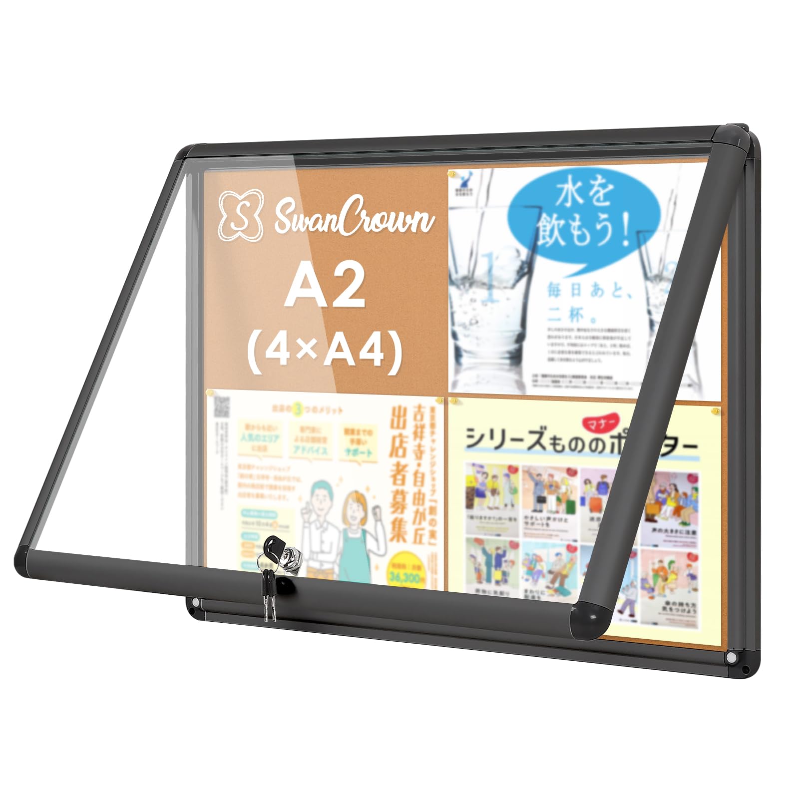 Swansea Outdoor Bulletin Board, A2, Door Notice Board, Bulletin Board, Outdoor, Simple Lock, Wall Mounted, Black Aluminum Frame, For Town Parties, Dining Rooms, Cover Included, 26.4 x 19.7 inches (670 x 500 mm) (4 x A4)