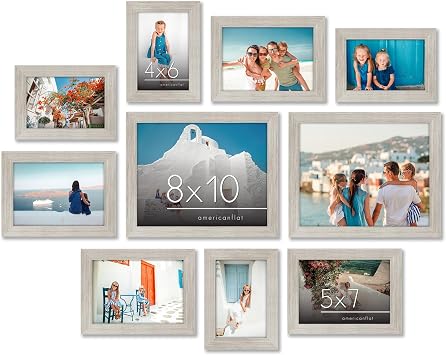 Americanflat 10'lu Kırılmaz Camlı Fotoğraf Çerçevesi Seti, İki 20,32x25,4 cm, Dört 12,7x17,8 cm ve Dört 10,16x15,24 cm Çerçeve ile Galeri Duvar Çerçevesi Seti İmza Koleksiyonu Aşınmış Ahşap