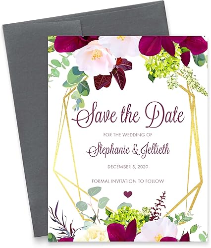 Floral Save the Date Invitations with Envelopes, Burgundy and Gold Save the Date Cards for Weddings, Birthday Party, Bridesmaid Boxes, Elegant Save