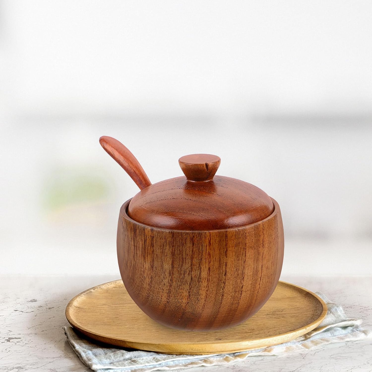 Wood Condiment Pot with Lid and Spoon for Kitchen Countertop Use