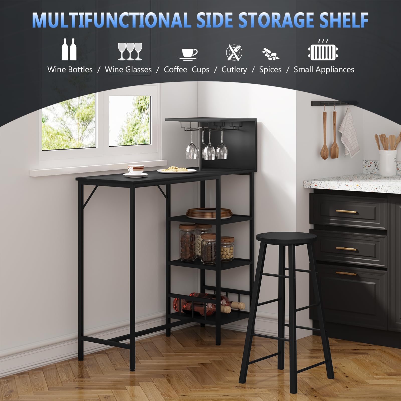 WOLTU Bartisch mit Barhocker Set, Bistrotisch mit 2 Barhockern, Thekentisch mit Weinregal Glashalter, Küchentisch mit 3 Ablagen, Industrie-Design, Schwarz