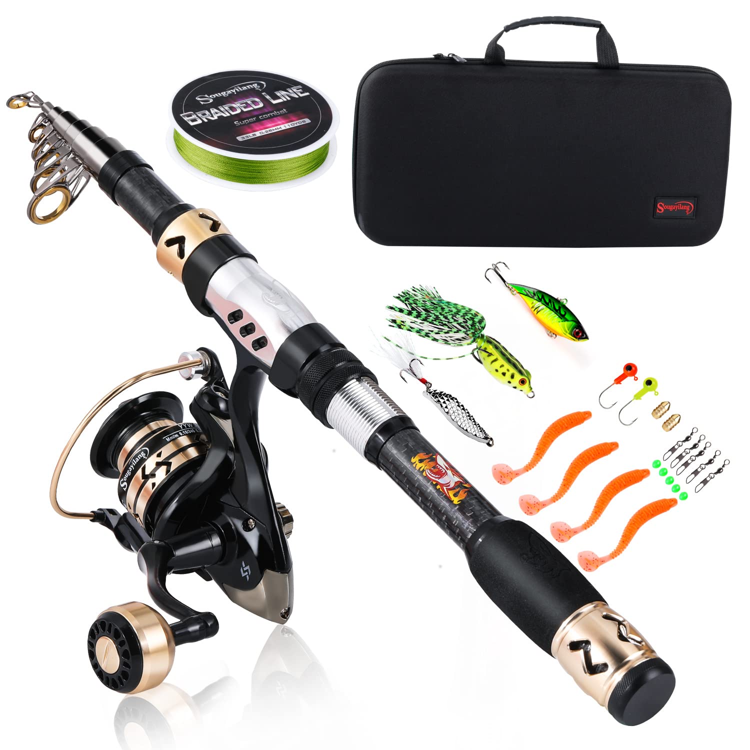 Sougayilang Fishing Pole with Spinning Reel Portable Fishing Rod Reel Combos